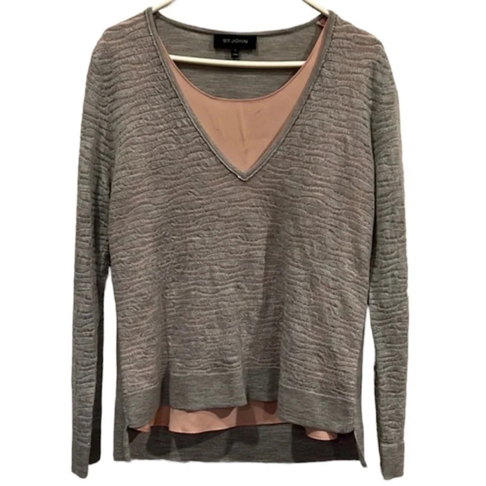 St. John gray sheer sweater wool blend with pink silk lining. EUC. Size M